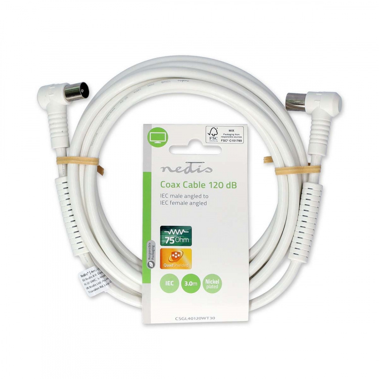 Nedis Coaxkabel | IEC (Coax) Male | IEC (Coax) Female | Vernikkeld | 120 dB | 75 Ohm | Viervoudig Afgeschermd | 3.00 m | Rond | PVC | Wit | Label Nedis Coaxkabel | IEC (Coax) Male | IEC (Coax) Female | Vernikkeld | 120 dB | 75 Ohm | Viervoudig Afgeschermd | 3.00 m | Rond | PVC | Wit | Label