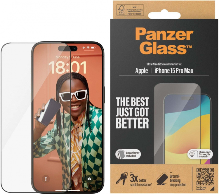 PanzerGlass Ultrabred passform med Aligner -skyddsglas, iPhone 15 Pro Max. PanzerGlass Ultrabred passform med Aligner -skyddsglas, iPhone 15 Pro Max.