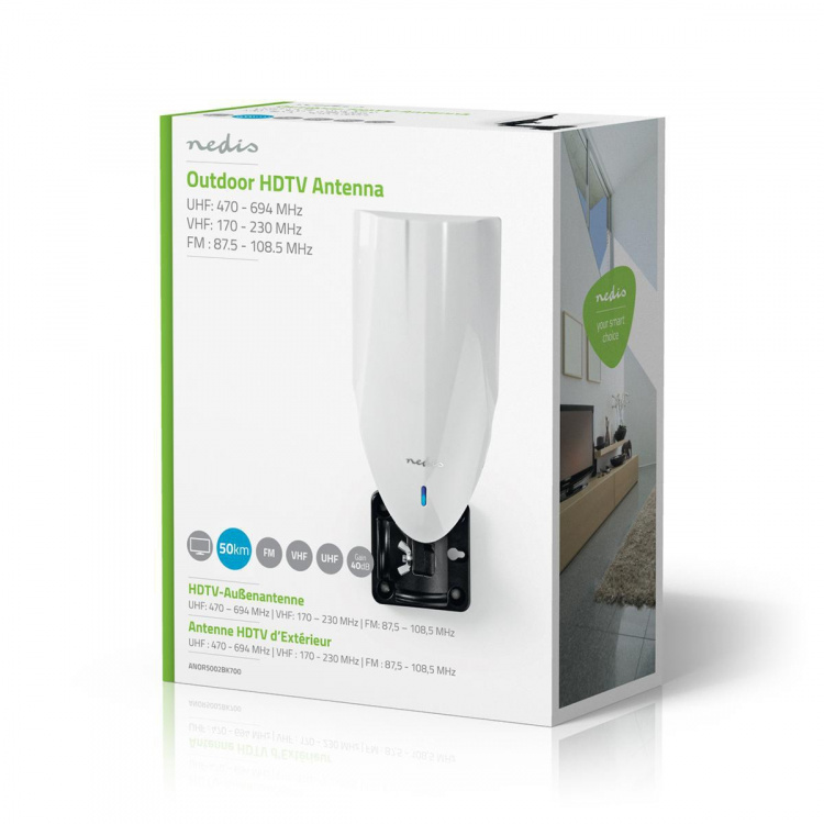 Nedis HDTV-Buitenantenne | Actief | Type Aansluiting: F-Connector | FM / UHF / VHF | Ontvangstbereik: 0-50 km | LTE700 | Versterking: 25 dB | Wit / Zwart