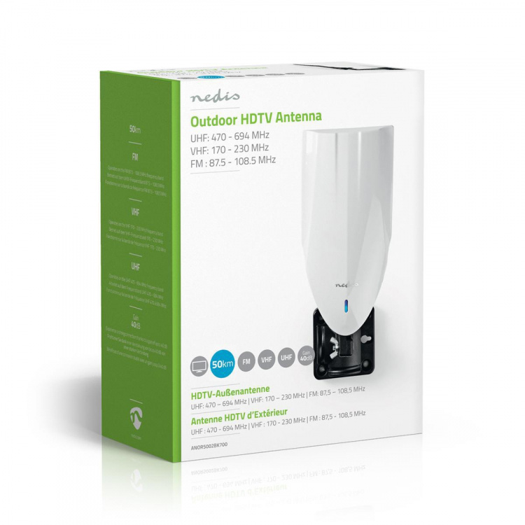 Nedis HDTV-Buitenantenne | Actief | Type Aansluiting: F-Connector | FM / UHF / VHF | Ontvangstbereik: 0-50 km | LTE700 | Versterking: 25 dB | Wit / Zwart