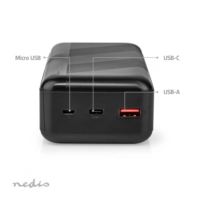 Nedis Powerbank | 30000 mAh | 1.5 / 2.0 / 3.0 A | Outputs: 2 | Output: 1x USB-A / 1x USB-C™ | Inputs: 1x Micro USB / 1x USB-C™ | PD3.0 20W | Lithium-Polymeer