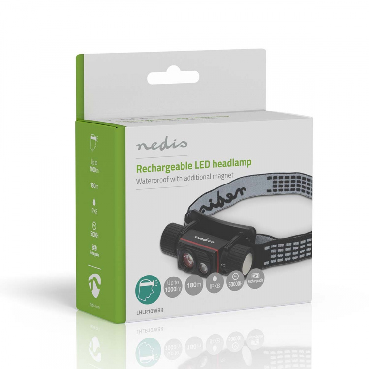 Nedis LED hoofdlamp | Batterij Gevoed / USB Gevoed | 3.7 V DC | Incl. batterij(en) | Oplaadbaar | Nominale lichtstroom: 1000 lm | Lichtbereik: 180 m