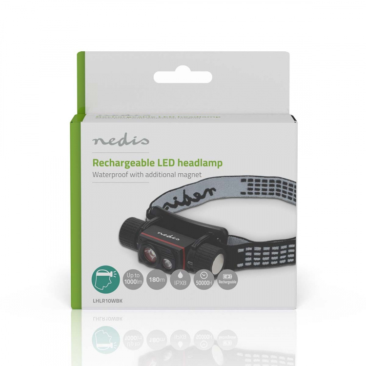 Nedis LED hoofdlamp | Batterij Gevoed / USB Gevoed | 3.7 V DC | Incl. batterij(en) | Oplaadbaar | Nominale lichtstroom: 1000 lm | Lichtbereik: 180 m