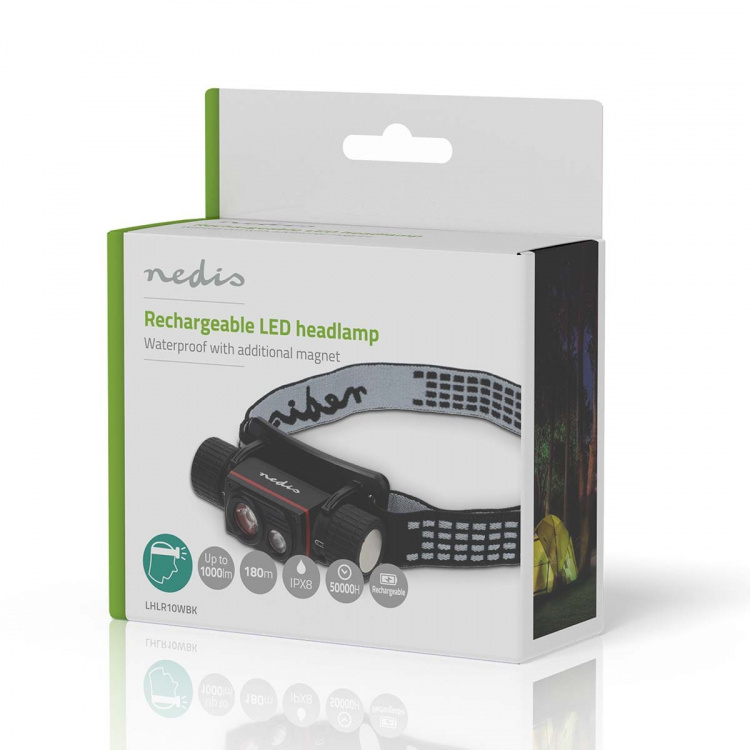 Nedis LED hoofdlamp | Batterij Gevoed / USB Gevoed | 3.7 V DC | Incl. batterij(en) | Oplaadbaar | Nominale lichtstroom: 1000 lm | Lichtbereik: 180 m