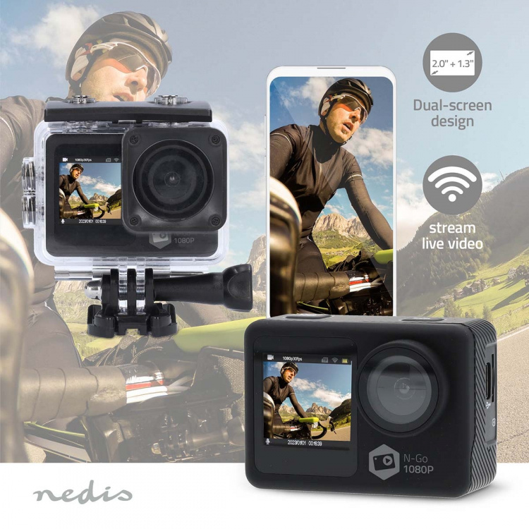 Nedis Action Cam | Dubbel scherm | 1080p@30fps | 12 MPixel | Waterbestendig tot: 30.0 m | 70 min | Wi-Fi | App beschikbaar voor: Android™ / IOS | Mounts inbegrepen | Zwart
