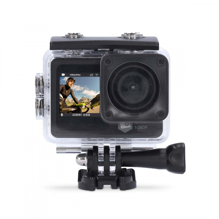 Nedis Action Cam | Dubbel scherm | 1080p@30fps | 12 MPixel | Waterbestendig tot: 30.0 m | 70 min | Wi-Fi | App beschikbaar voor: Android™ / IOS | Mounts inbegrepen | Zwart