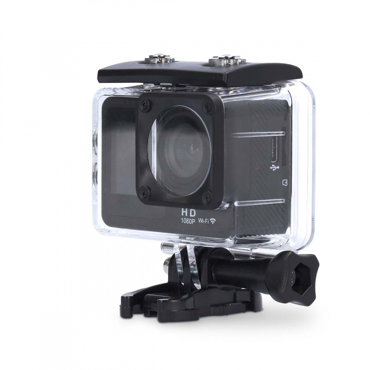 Nedis Action Cam | Dubbel scherm | 1080p@30fps | 12 MPixel | Waterbestendig tot: 30.0 m | 70 min | Wi-Fi | App beschikbaar voor: Android™ / IOS | Mounts inbegrepen | Zwart