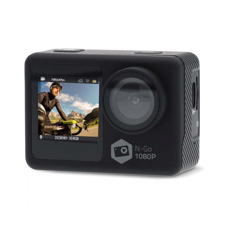 Nedis Action Cam | Dubbel scherm | 1080p@30fps | 12 MPixel | Waterbestendig tot: 30.0 m | 70 min | Wi-Fi | App beschikbaar voor: Android™ / IOS | Mounts inbegrepen | Zwart