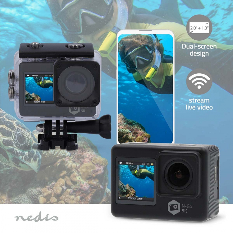 Nedis Action Cam | Dubbel scherm | 5K@30fps | 16 MPixel | Waterbestendig tot: 30.0 m | 80 min | Wi-Fi | App beschikbaar voor: Android™ / IOS | Mounts inbegrepen | Zwart