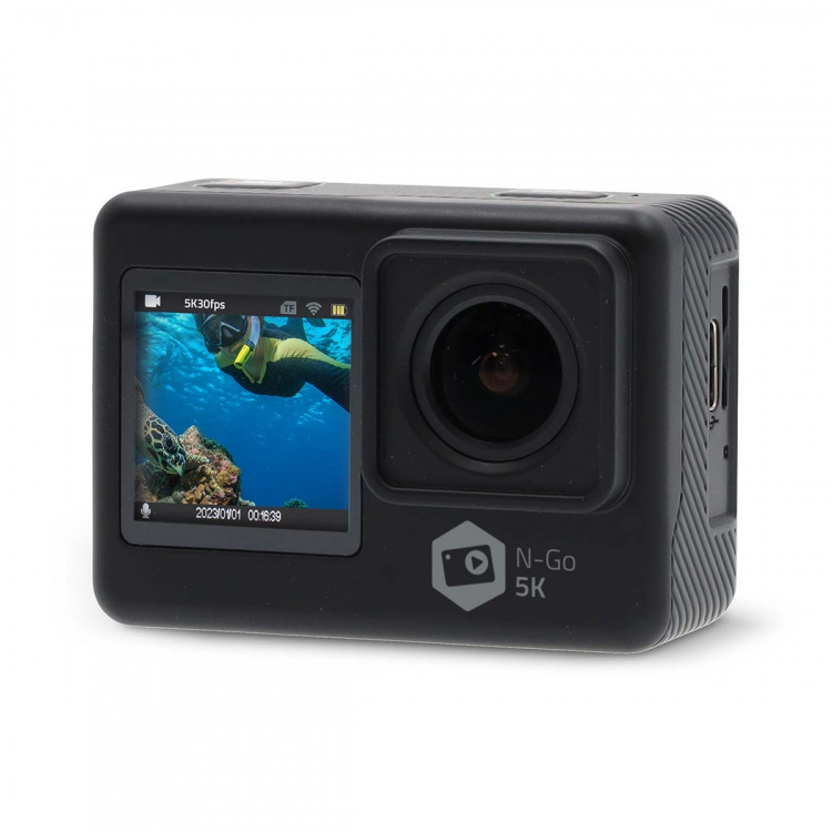 Nedis Action Cam | Dubbel scherm | 5K@30fps | 16 MPixel | Waterbestendig tot: 30.0 m | 80 min | Wi-Fi | App beschikbaar voor: Android™ / IOS | Mounts inbegrepen | Zwart