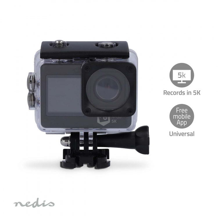 Nedis Action Cam | Dubbel scherm | 5K@30fps | 16 MPixel | Waterbestendig tot: 30.0 m | 80 min | Wi-Fi | App beschikbaar voor: Android™ / IOS | Mounts inbegrepen | Zwart