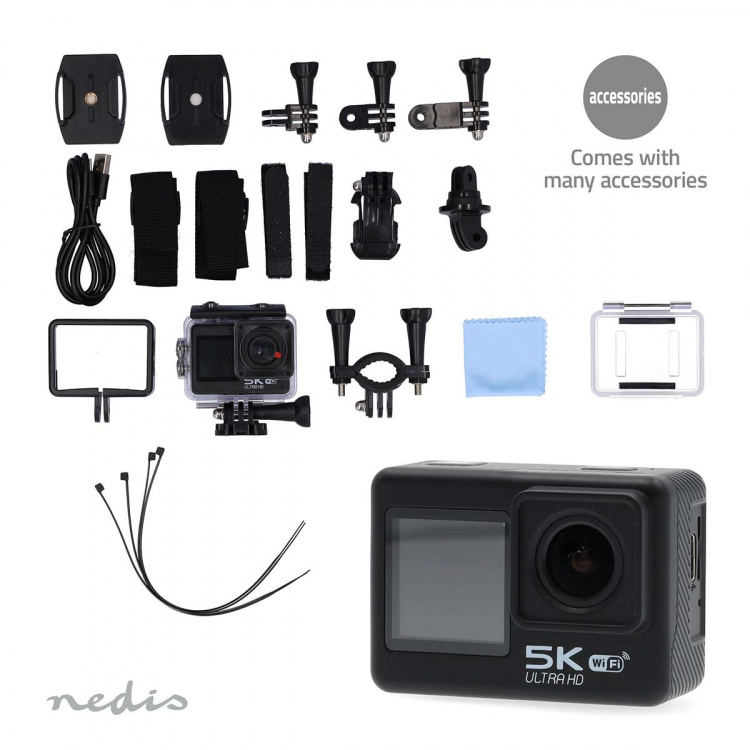 Nedis Action Cam | Dubbel scherm | 5K@30fps | 16 MPixel | Waterbestendig tot: 30.0 m | 80 min | Wi-Fi | App beschikbaar voor: Android™ / IOS | Mounts inbegrepen | Zwart