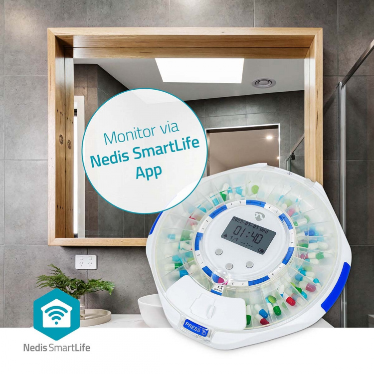 Nedis SmartLife Medicijndispenser | Wi-Fi | 28 Compartimenten | Aantal alarmtijden: 9 alarmtijden per dag | Licht / Piep / Stem | LCD scherm | Wit Nedis SmartLife Medicijndispenser | Wi-Fi | 28 Compartimenten | Aantal alarmtijden: 9 alarmtijden per dag | Licht / Piep / Stem | LCD scherm | Wit
