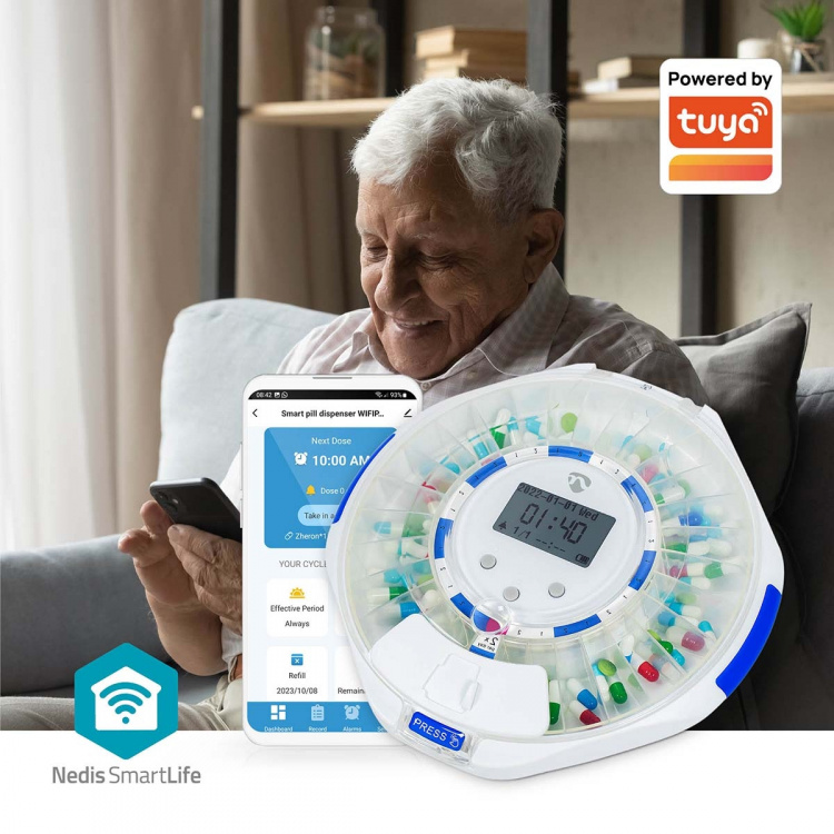 Nedis SmartLife Medicijndispenser | Wi-Fi | 28 Compartimenten | Aantal alarmtijden: 9 alarmtijden per dag | Licht / Piep / Stem | LCD scherm | Wit Nedis SmartLife Medicijndispenser | Wi-Fi | 28 Compartimenten | Aantal alarmtijden: 9 alarmtijden per dag | Licht / Piep / Stem | LCD scherm | Wit