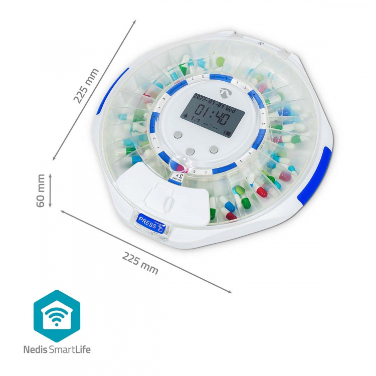Nedis SmartLife Medicijndispenser | Wi-Fi | 28 Compartimenten | Aantal alarmtijden: 9 alarmtijden per dag | Licht / Piep / Stem | LCD scherm | Wit Nedis SmartLife Medicijndispenser | Wi-Fi | 28 Compartimenten | Aantal alarmtijden: 9 alarmtijden per dag | Licht / Piep / Stem | LCD scherm | Wit