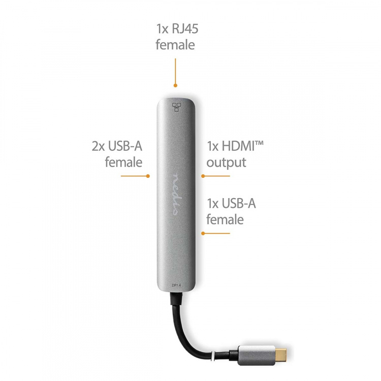 Nedis USB Multi-Port Adapter | 5-in-1 | USB 3.2 Gen 1 | USB-C™ Male | HDMI™ Output / RJ45 Female / 3x USB-A Female | 5 Gbps | 0.20 m | Rond | Verguld | PVC | Antraciet | Doos