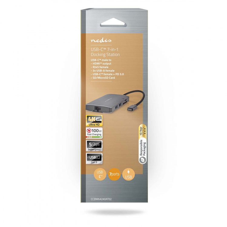 Nedis USB Multi-Port Adapter | 7-in-1 | USB 3.2 Gen 1 | USB-C™ Male | HDMI™ Output / Micro SD / RJ45 Female / SD / USB-C™ Female / 3x USB-A Female | 5 Gbps | 0.20 m | Rond | Verguld | PVC | Antraciet | Doos Nedis USB Multi-Port Adapter | 7-in-1 | USB 3.2 Gen 1 | USB-C™ Male | HDMI™ Output / Micro SD / RJ45 Female / SD / USB-C™ Female / 3x USB-A Female | 5 Gbps | 0.20 m | Rond | Verguld | PVC | Antraciet | Doos