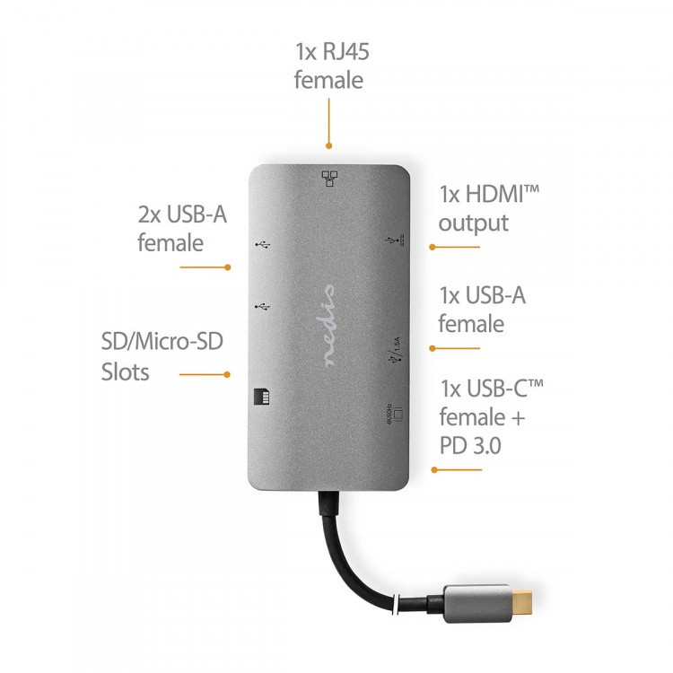 Nedis USB Multi-Port Adapter | 7-in-1 | USB 3.2 Gen 1 | USB-C™ Male | HDMI™ Output / Micro SD / RJ45 Female / SD / USB-C™ Female / 3x USB-A Female | 5 Gbps | 0.20 m | Rond | Verguld | PVC | Antraciet | Doos Nedis USB Multi-Port Adapter | 7-in-1 | USB 3.2 Gen 1 | USB-C™ Male | HDMI™ Output / Micro SD / RJ45 Female / SD / USB-C™ Female / 3x USB-A Female | 5 Gbps | 0.20 m | Rond | Verguld | PVC | Antraciet | Doos