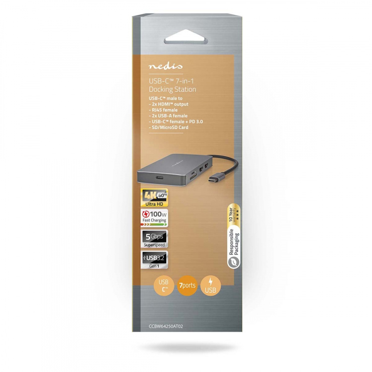 Nedis USB Multi-Port Adapter | 7-in-1 | USB 3.2 Gen 1 | USB-C™ Male | Micro SD / RJ45 Female / SD / USB-C™ Female / 2x HDMI™ / 2x USB-A Female | 5 Gbps | 0.20 m | Rond | Verguld | PVC | Antraciet | Doos