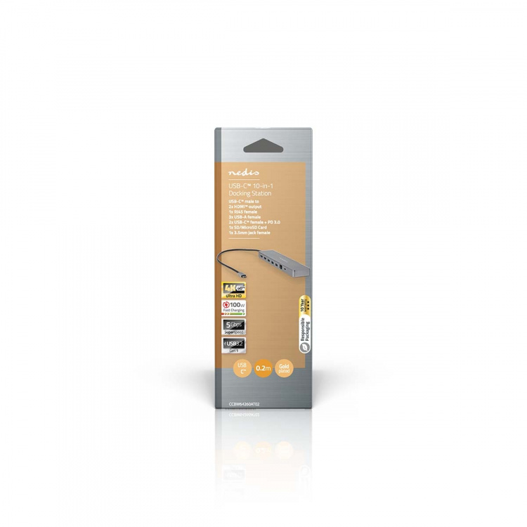 Nedis USB Multi-Port Adapter | 10-in-1 | USB 3.2 Gen 1 | USB-C™ Male | Micro SD / RJ45 Female / SD / 2x HDMI™ / 2x USB-C™ / 3x USB-A Female | 0.40 m | Rond | Verguld | TPE | Antraciet | Doos Nedis USB Multi-Port Adapter | 10-in-1 | USB 3.2 Gen 1 | USB-C™ Male | Micro SD / RJ45 Female / SD / 2x HDMI™ / 2x USB-C™ / 3x USB-A Female | 0.40 m | Rond | Verguld | TPE | Antraciet | Doos