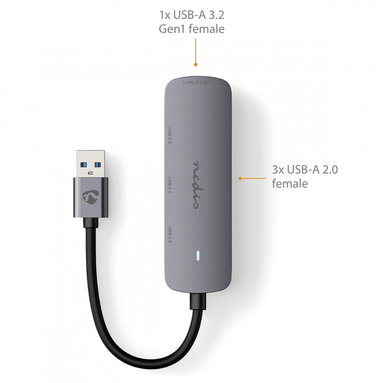 Nedis USB-Hub | USB-A Male | 4x USB A Female | 4-Poorts poort(en) | USB 2.0 / USB 3.2 Gen 1 | USB Gevoed
