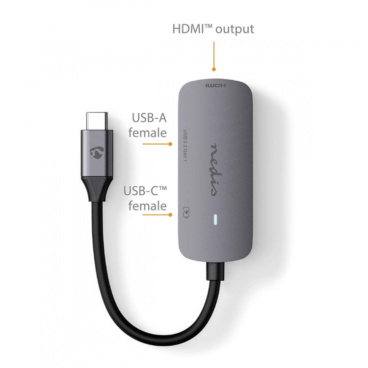 Nedis USB Multi-Port Adapter | 3-in-1 | USB 3.2 Gen 1 | USB-C™ Male | HDMI™ Output / USB-A Female / USB-C™ Female | 5 Gbps | 0.10 m | Rond | Vernikkeld | PVC | Grijs | Doos Nedis USB Multi-Port Adapter | 3-in-1 | USB 3.2 Gen 1 | USB-C™ Male | HDMI™ Output / USB-A Female / USB-C™ Female | 5 Gbps | 0.10 m | Rond | Vernikkeld | PVC | Grijs | Doos