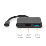 Nedis USB Multi-Port Adapter | 3-in-1 | USB 3.2 Gen 1 | USB-C™ Male | HDMI™ Output / USB-A Female / USB-C™ Female | 5 Gbps | 0.10 m | Rond | Vernikkeld | PVC | Zwart | Doos