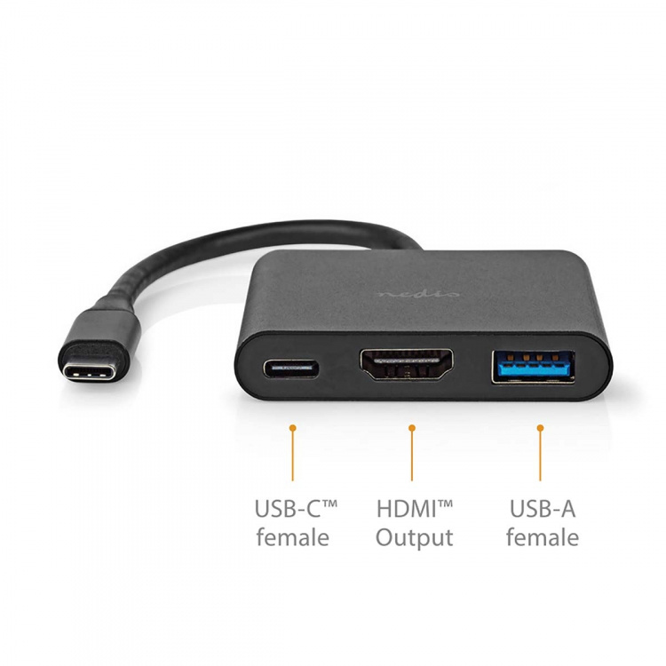 Nedis USB Multi-Port Adapter | 3-in-1 | USB 3.2 Gen 1 | USB-C™ Male | HDMI™ Output / USB-A Female / USB-C™ Female | 5 Gbps | 0.10 m | Rond | Vernikkeld | PVC | Zwart | Doos