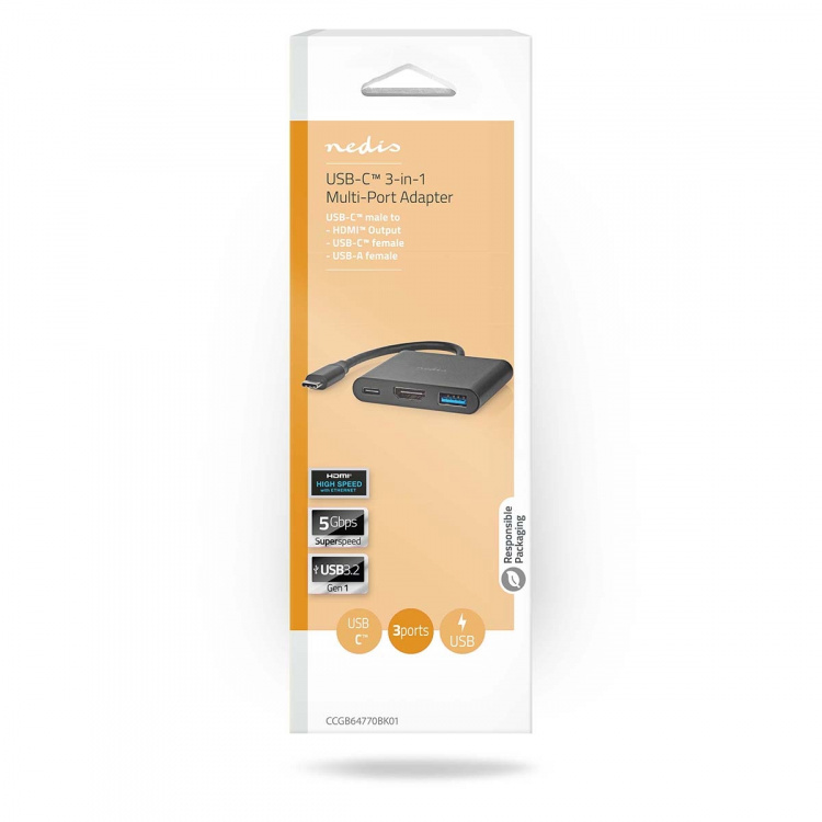Nedis USB Multi-Port Adapter | 3-in-1 | USB 3.2 Gen 1 | USB-C™ Male | HDMI™ Output / USB-A Female / USB-C™ Female | 5 Gbps | 0.10 m | Rond | Vernikkeld | PVC | Zwart | Doos