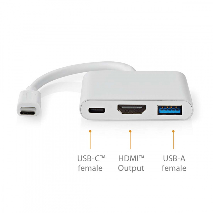 Nedis USB Multi-Port Adapter | 3-in-1 | USB 3.2 Gen 1 | USB-C™ Male | HDMI™ Output / USB-A Female / USB-C™ Female | 5 Gbps | 0.10 m | Rond | Vernikkeld | PVC | Wit | Doos Nedis USB Multi-Port Adapter | 3-in-1 | USB 3.2 Gen 1 | USB-C™ Male | HDMI™ Output / USB-A Female / USB-C™ Female | 5 Gbps | 0.10 m | Rond | Vernikkeld | PVC | Wit | Doos