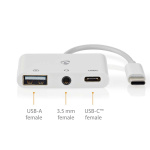 Nedis USB Multi-Port Adapter | 3-in-1 | USB 2.0 | USB-C™ Male | USB-A Female / USB-C™ Female / 3,5 mm Female | 480 Mbps | 0.10 m | Rond | Vernikkeld | PVC | Wit | Doos