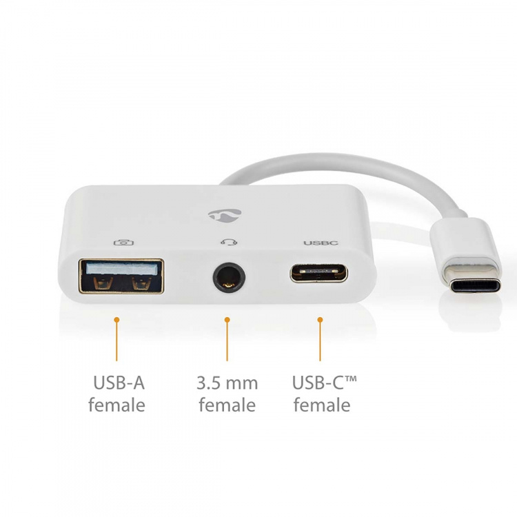 Nedis USB Multi-Port Adapter | 3-in-1 | USB 2.0 | USB-C™ Male | USB-A Female / USB-C™ Female / 3,5 mm Female | 480 Mbps | 0.10 m | Rond | Vernikkeld | PVC | Wit | Doos