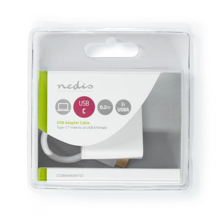 Nedis USB Multi-Port Adapter | 2-in-1 | USB 3.2 Gen 1 | USB-C™ Male | 2x USB-A | 1000 Mbps | 0.20 m | Rond | Vernikkeld | PVC | Wit | Blister