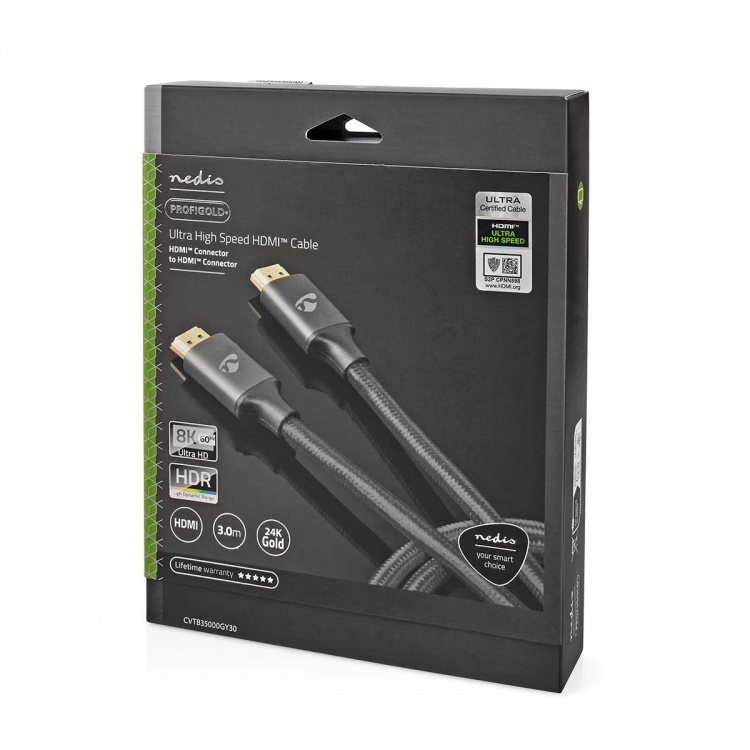 Nedis Ultra High Speed HDMI™-Kabel | HDMI™ Connector | HDMI™ Connector | 8K@60Hz | 48 Gbps | 3.00 m | Rond | 6.7 mm | Gun Metal Grijs | Cover Window Box Nedis Ultra High Speed HDMI™-Kabel | HDMI™ Connector | HDMI™ Connector | 8K@60Hz | 48 Gbps | 3.00 m | Rond | 6.7 mm | Gun Metal Grijs | Cover Window Box