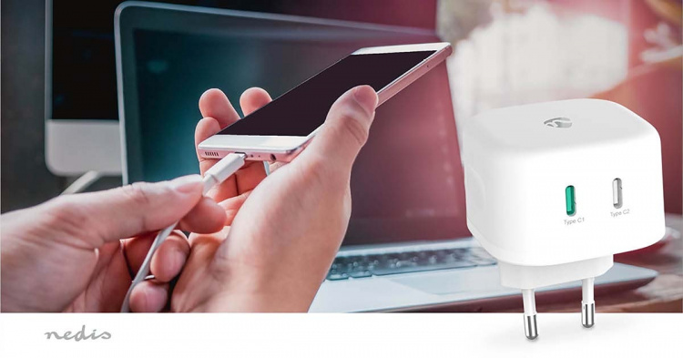 Nedis Oplader | 45 W | GaN | PD3.0 45W | Snellaad functie | 2.25 / 3.0 A | Outputs: 2 | 2x USB-C™ | Automatische Voltage Selectie | Wit