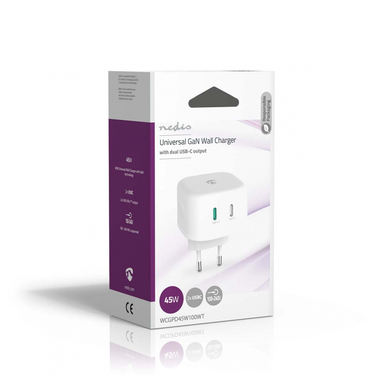 Nedis Oplader | 45 W | GaN | PD3.0 45W | Snellaad functie | 2.25 / 3.0 A | Outputs: 2 | 2x USB-C™ | Automatische Voltage Selectie | Wit