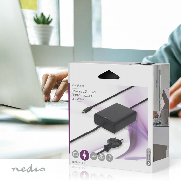 Nedis Notebook-Adapter | GaN | 45 W | 5 / 9 / 12 / 15 / 20 V DC | 2.25 / 2.33 / 2.92 / 3.0 A | Gebruikt voor: Notebook / Smartphone / Tablet | Euro / Type-C (CEE 7/16)