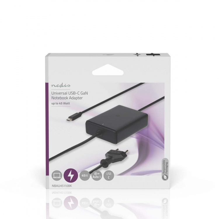 Nedis Notebook-Adapter | GaN | 45 W | 5 / 9 / 12 / 15 / 20 V DC | 2.25 / 2.33 / 2.92 / 3.0 A | Gebruikt voor: Notebook / Smartphone / Tablet | Euro / Type-C (CEE 7/16)