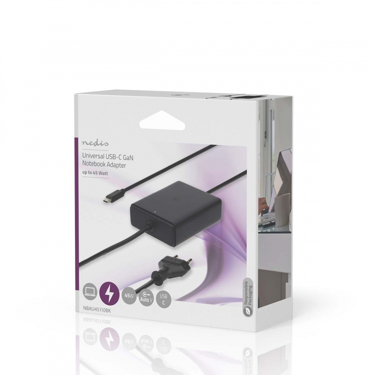 Nedis Notebook-Adapter | GaN | 45 W | 5 / 9 / 12 / 15 / 20 V DC | 2.25 / 2.33 / 2.92 / 3.0 A | Gebruikt voor: Notebook / Smartphone / Tablet | Euro / Type-C (CEE 7/16)