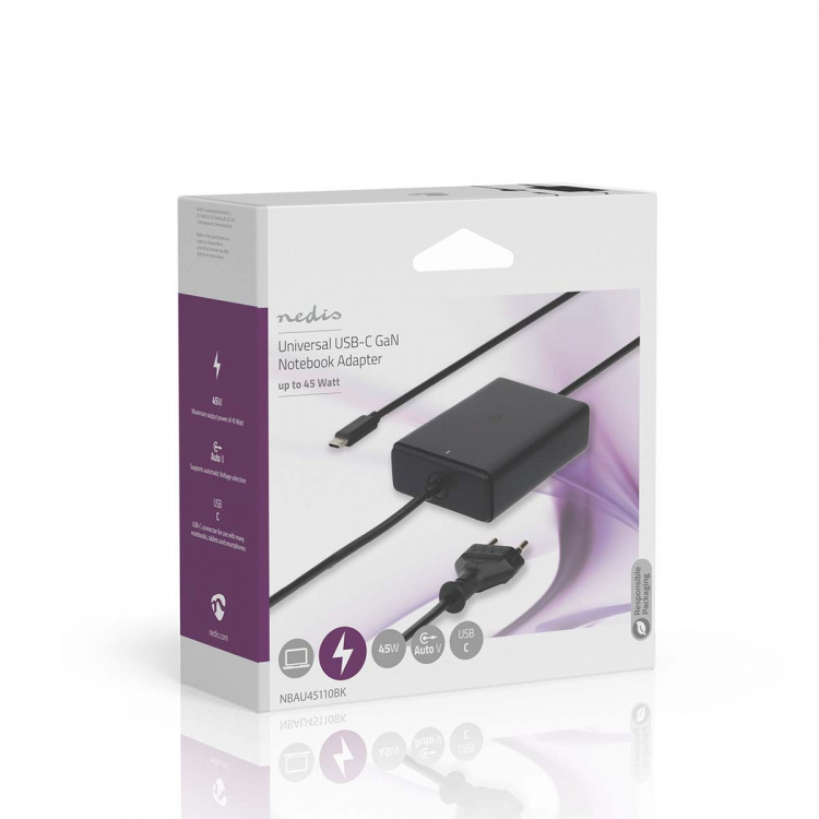 Nedis Notebook-Adapter | GaN | 45 W | 5 / 9 / 12 / 15 / 20 V DC | 2.25 / 2.33 / 2.92 / 3.0 A | Gebruikt voor: Notebook / Smartphone / Tablet | Euro / Type-C (CEE 7/16)