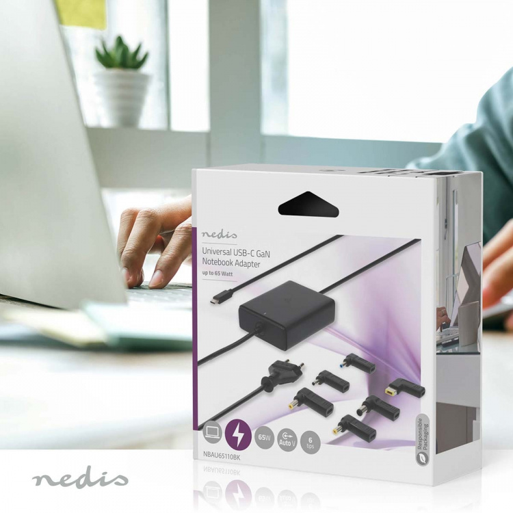 Nedis Notebook-Adapter | GaN | 65 W | 5 / 9 / 12 / 15 / 20 V DC | 2.4 / 3.0 / 3.25 A | Gebruikt voor: Notebook / Smartphone / Tablet | Euro / Type-C (CEE 7/16)