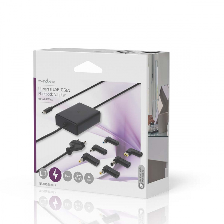 Nedis Notebook-Adapter | GaN | 65 W | 5 / 9 / 12 / 15 / 20 V DC | 2.4 / 3.0 / 3.25 A | Gebruikt voor: Notebook / Smartphone / Tablet | Euro / Type-C (CEE 7/16)