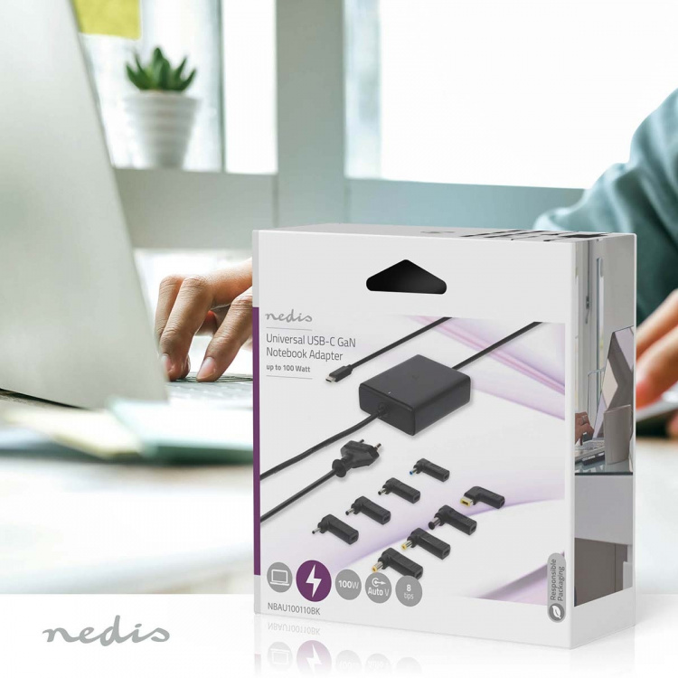 Nedis Notebook-Adapter | GaN | 100 W | 5 / 9 / 12 / 15 / 20 V DC | 3.0 / 5.0 A | Gebruikt voor: Notebook / Smartphone / Tablet | Euro / Type-C (CEE 7/16)