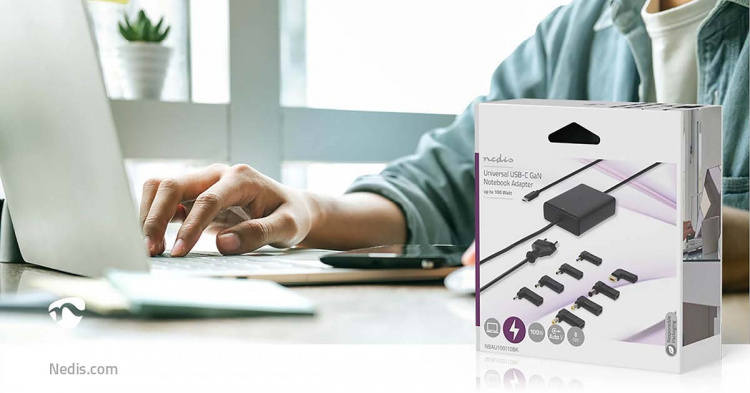 Nedis Notebook-Adapter | GaN | 100 W | 5 / 9 / 12 / 15 / 20 V DC | 3.0 / 5.0 A | Gebruikt voor: Notebook / Smartphone / Tablet | Euro / Type-C (CEE 7/16)