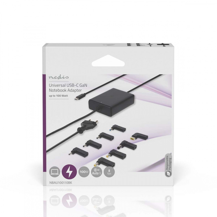 Nedis Notebook-Adapter | GaN | 100 W | 5 / 9 / 12 / 15 / 20 V DC | 3.0 / 5.0 A | Gebruikt voor: Notebook / Smartphone / Tablet | Euro / Type-C (CEE 7/16)