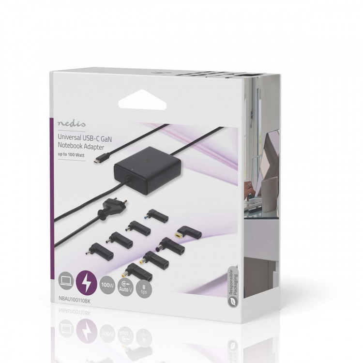 Nedis Notebook-Adapter | GaN | 100 W | 5 / 9 / 12 / 15 / 20 V DC | 3.0 / 5.0 A | Gebruikt voor: Notebook / Smartphone / Tablet | Euro / Type-C (CEE 7/16)