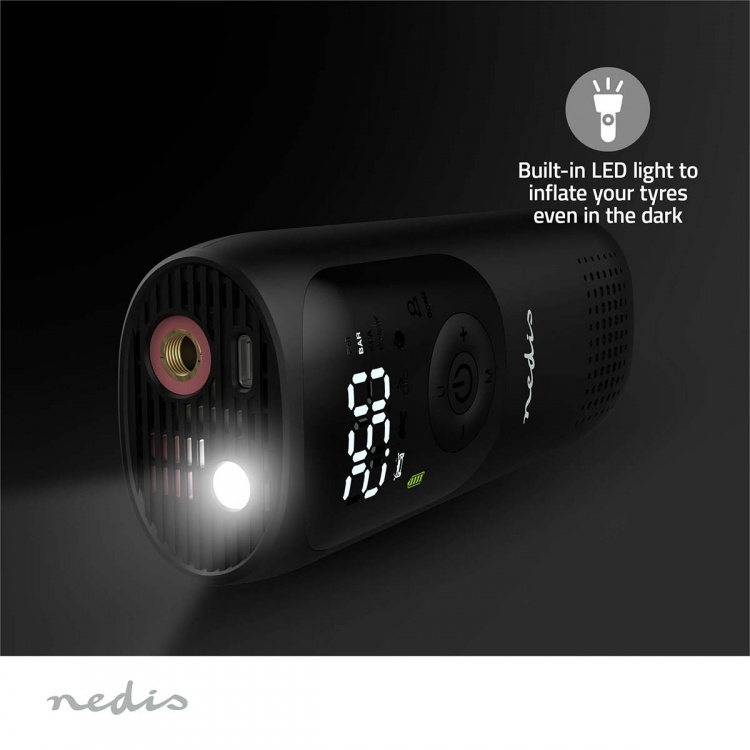 Nedis Oplaadbare luchtcompressor | 0.1 - 10.3 Bar | Dunlop-ventiel | Standen: Auto / Motor / Fiets / Bal | Ja | Luchtdruk meter