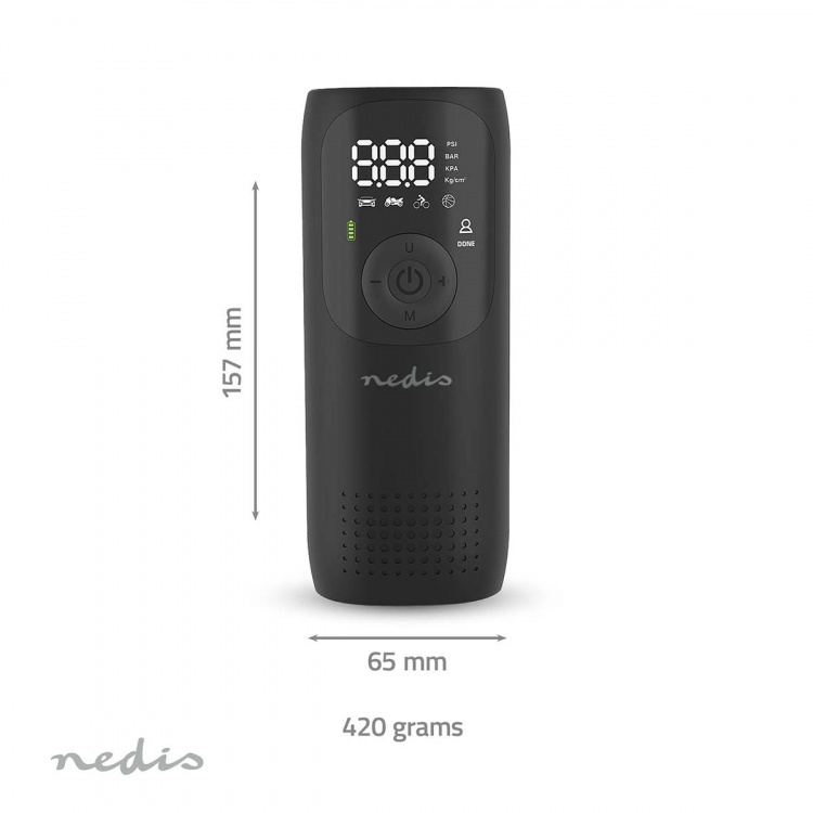 Nedis Oplaadbare luchtcompressor | 0.1 - 10.3 Bar | Dunlop-ventiel | Standen: Auto / Motor / Fiets / Bal | Ja | Luchtdruk meter