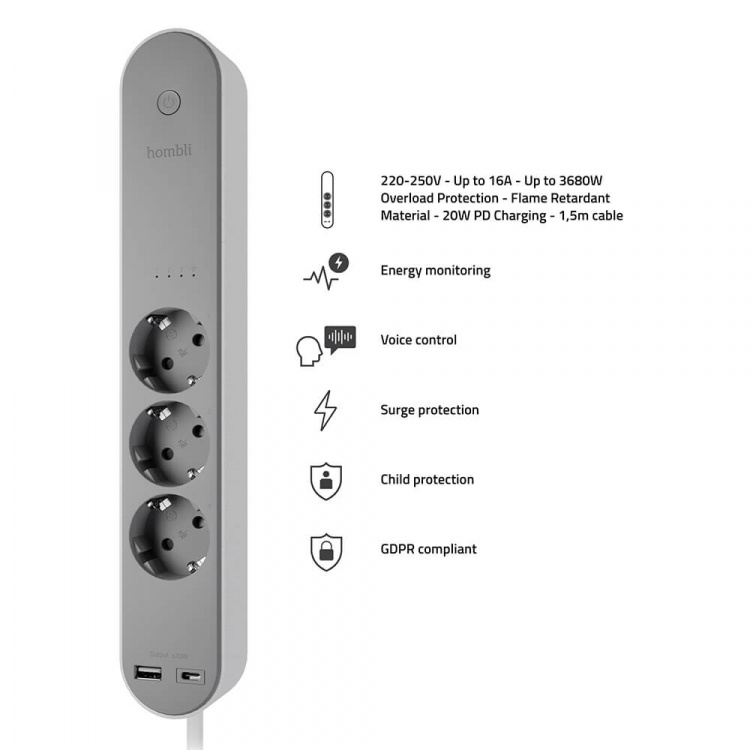 Hombli Smart Power Strip 3-way Grey USB-C & USB-A Hombli Smart Power Strip 3-way Grey USB-C & USB-A
