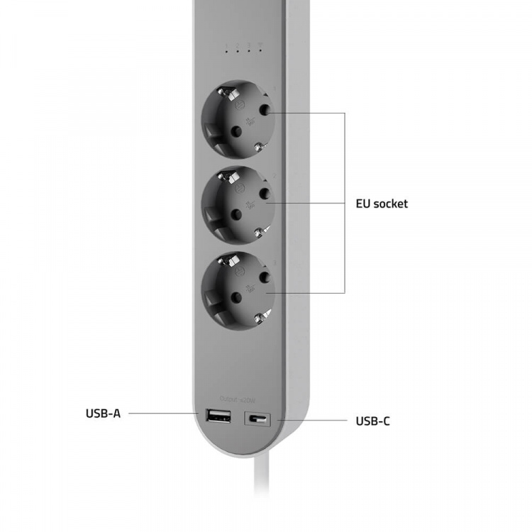 Hombli Smart Power Strip 3-way Grey USB-C & USB-A Hombli Smart Power Strip 3-way Grey USB-C & USB-A